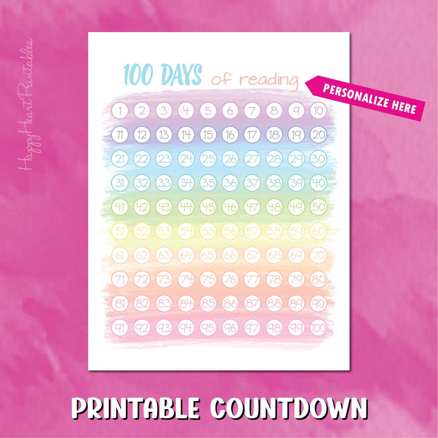 100 Day Countdown - Printable 100 Days Chart