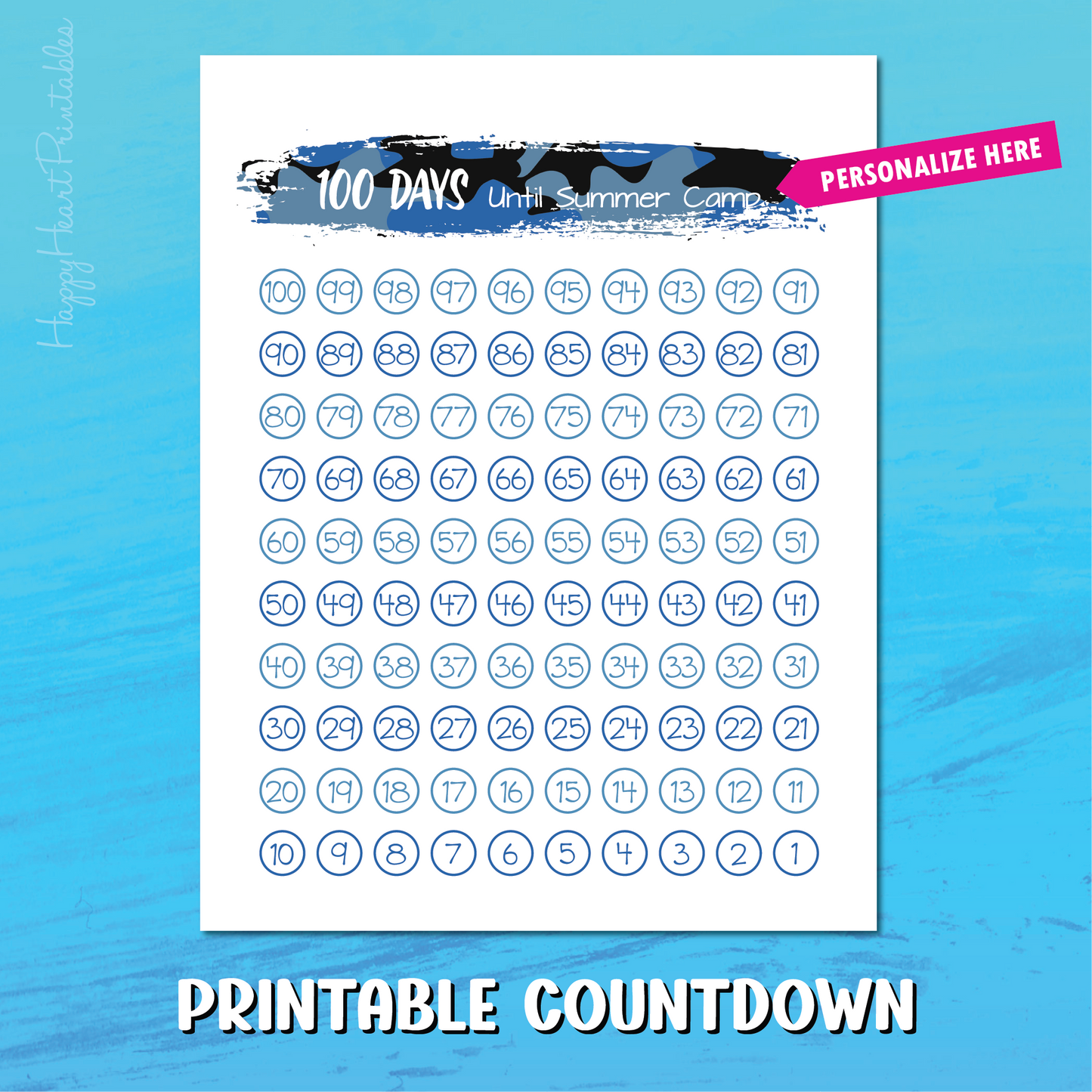 100 Day Countdown - Printable 100 Days Chart