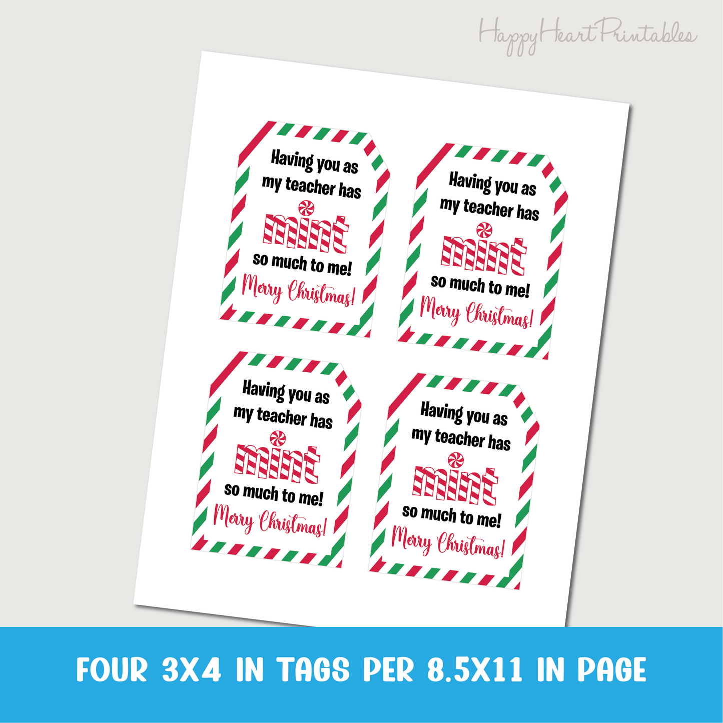 Christmas Teacher Gift Tag - Printable Peppermint Gift Tag