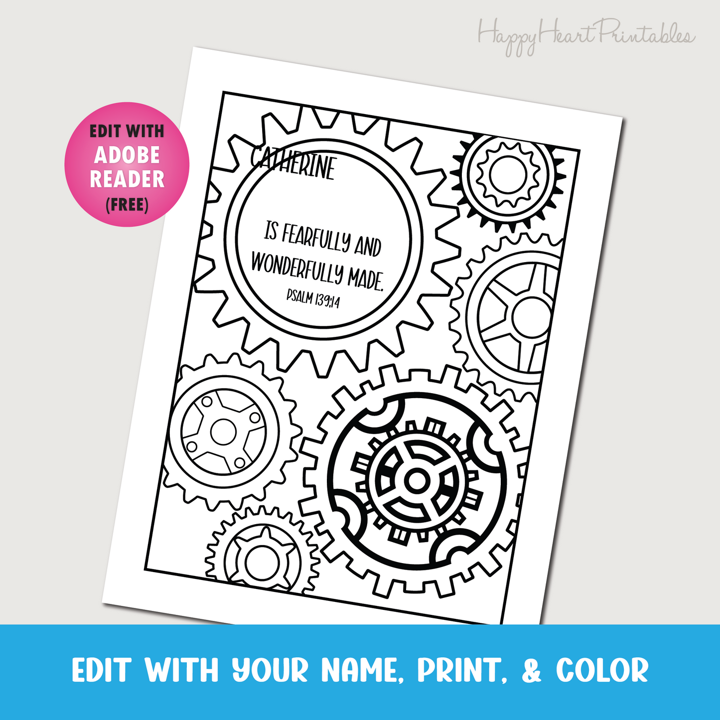 Personalized Bible Verse Coloring Sheet - Psalm 139:14 - Gears