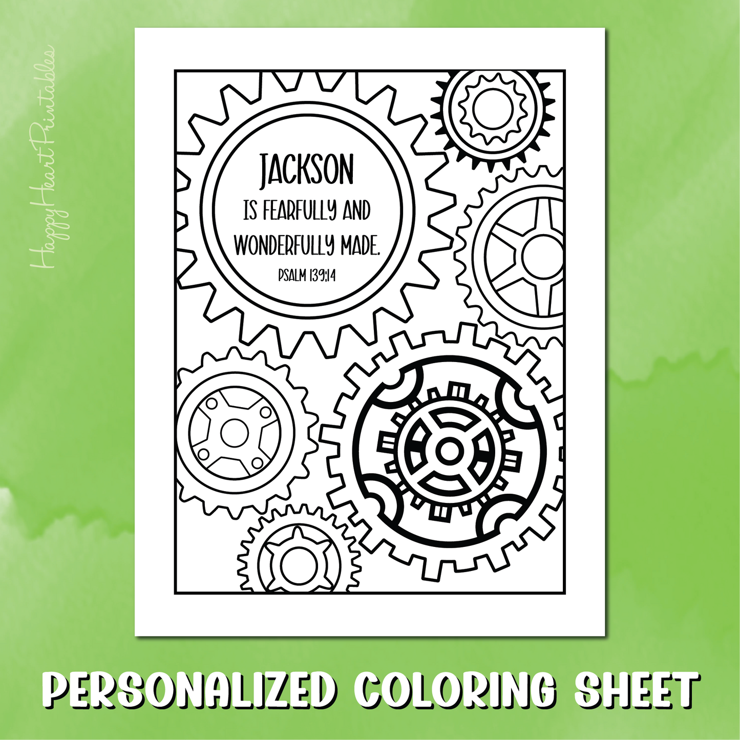 Personalized Bible Verse Coloring Sheet - Psalm 139:14 - Gears