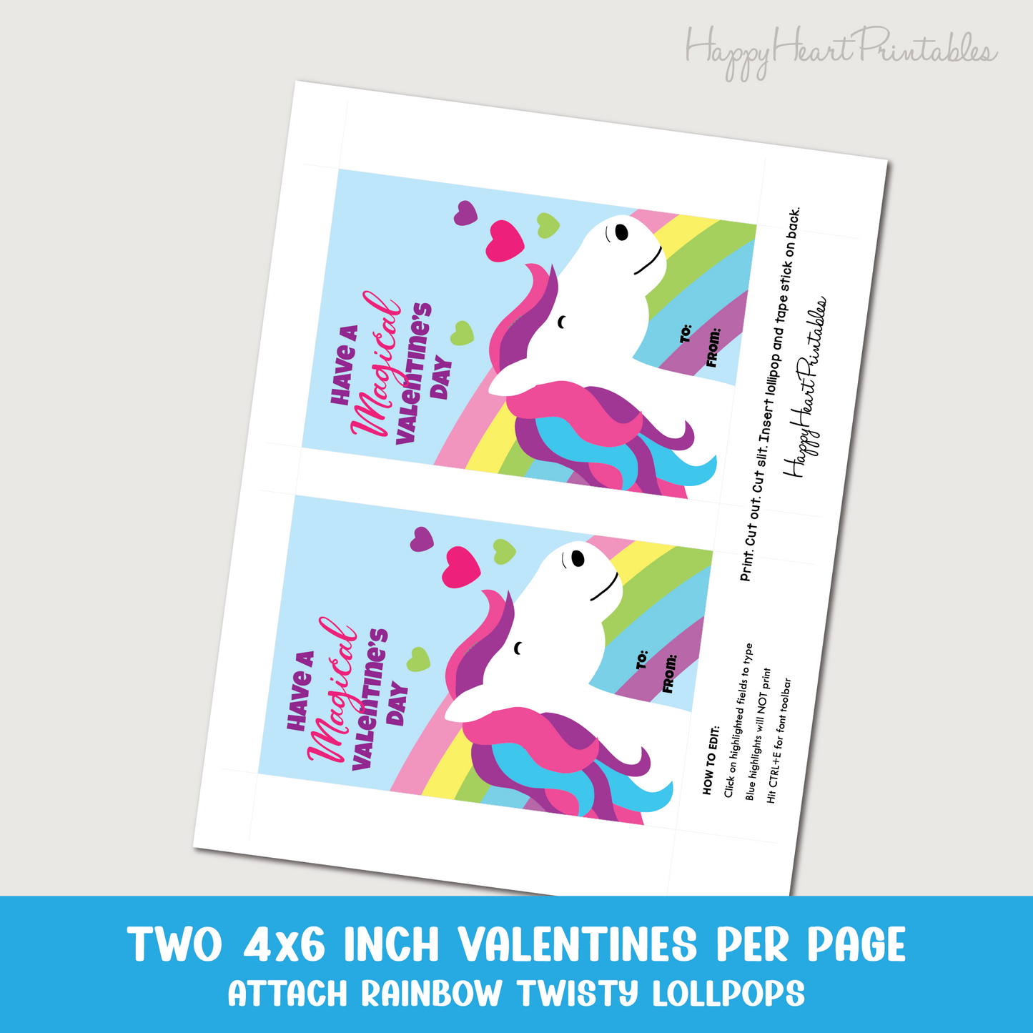 Unicorn Lollipop Valentines - Printable Unicorn Valentines