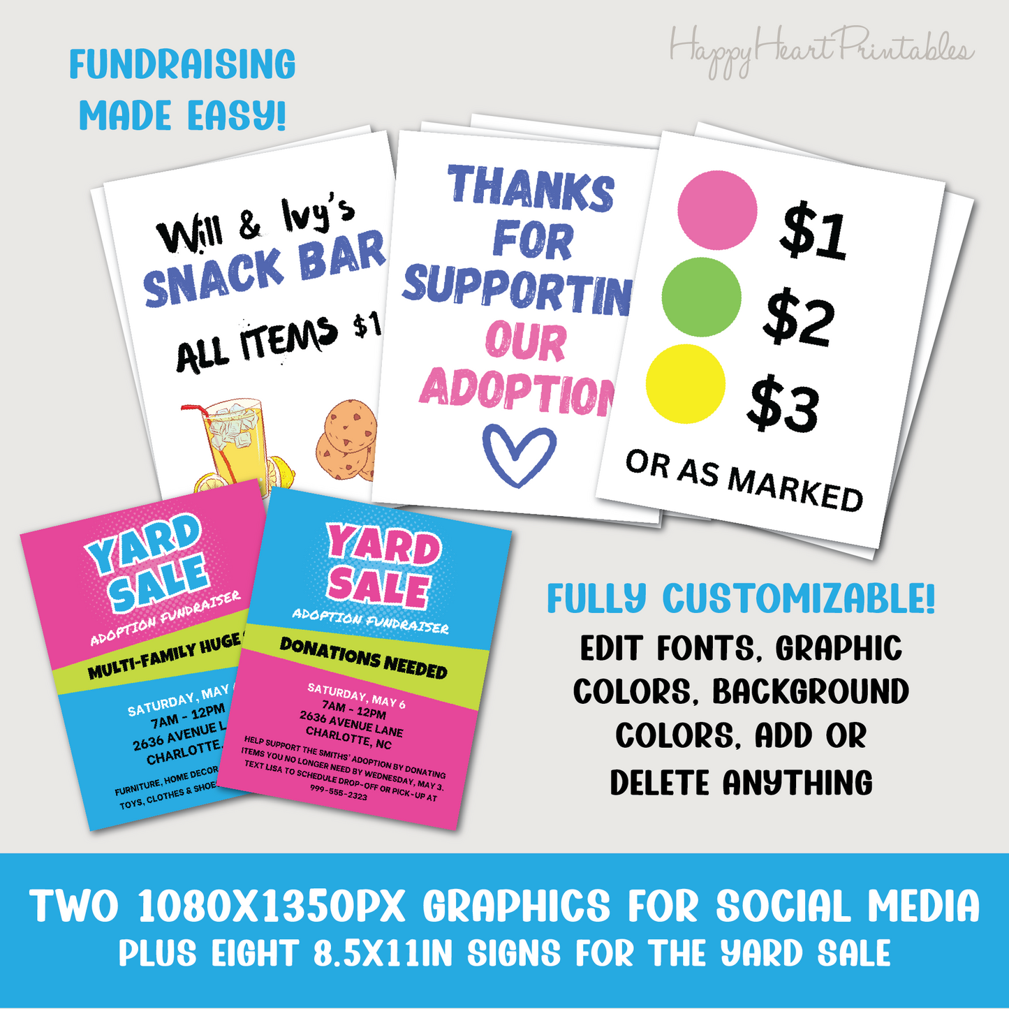 Fundraising Yard Sale Social Media Graphics and Printable Signs- Fully Customizable in Canva
