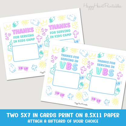 VBS Volunteer Printable Giftcard Holder