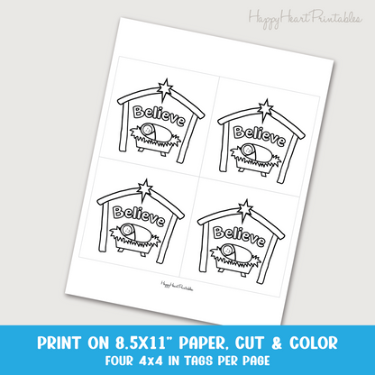 Printable Coloring Christmas Gift Tags - Believe