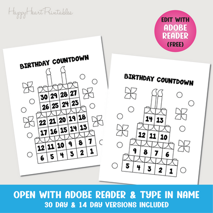 Building Block Birthday Countdown Printable - Personalize Editable PDF