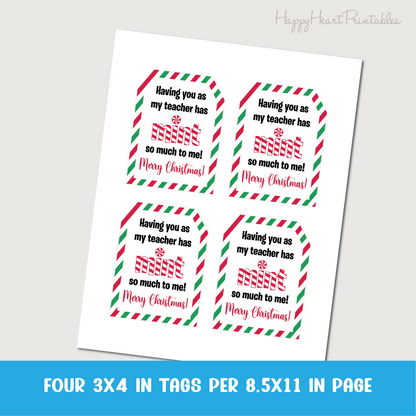 Christmas Teacher Gift Tag - Printable Peppermint Gift Tag