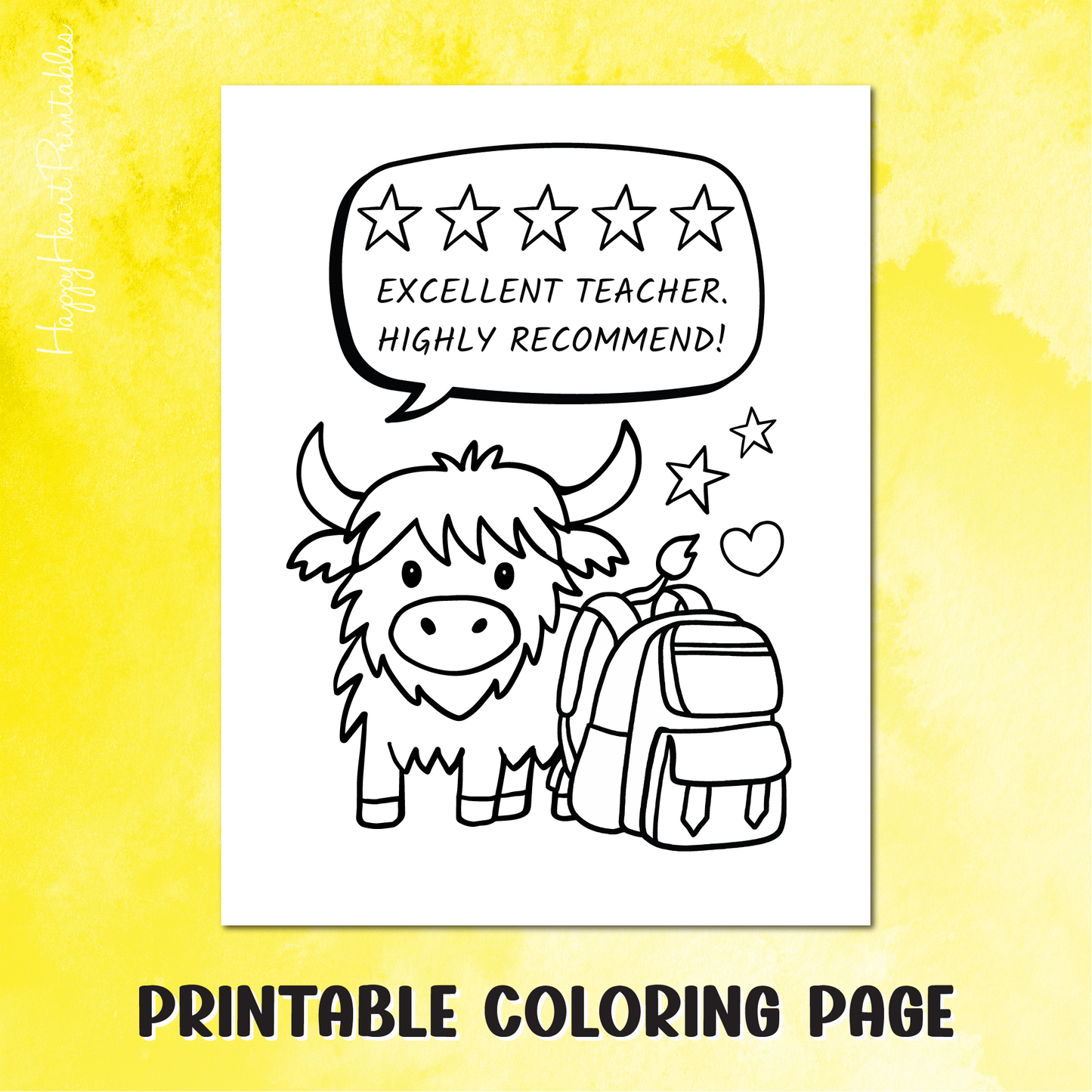 Highland Cow Teacher Appreciation Printable Coloring Sheet