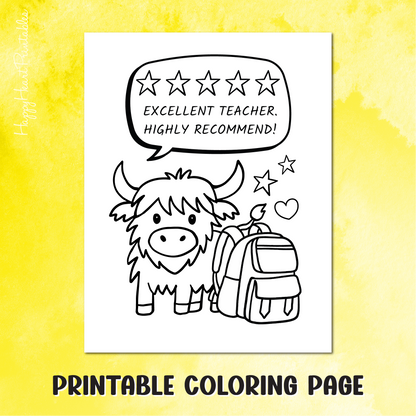 Highland Cow Teacher Appreciation Printable Coloring Sheet