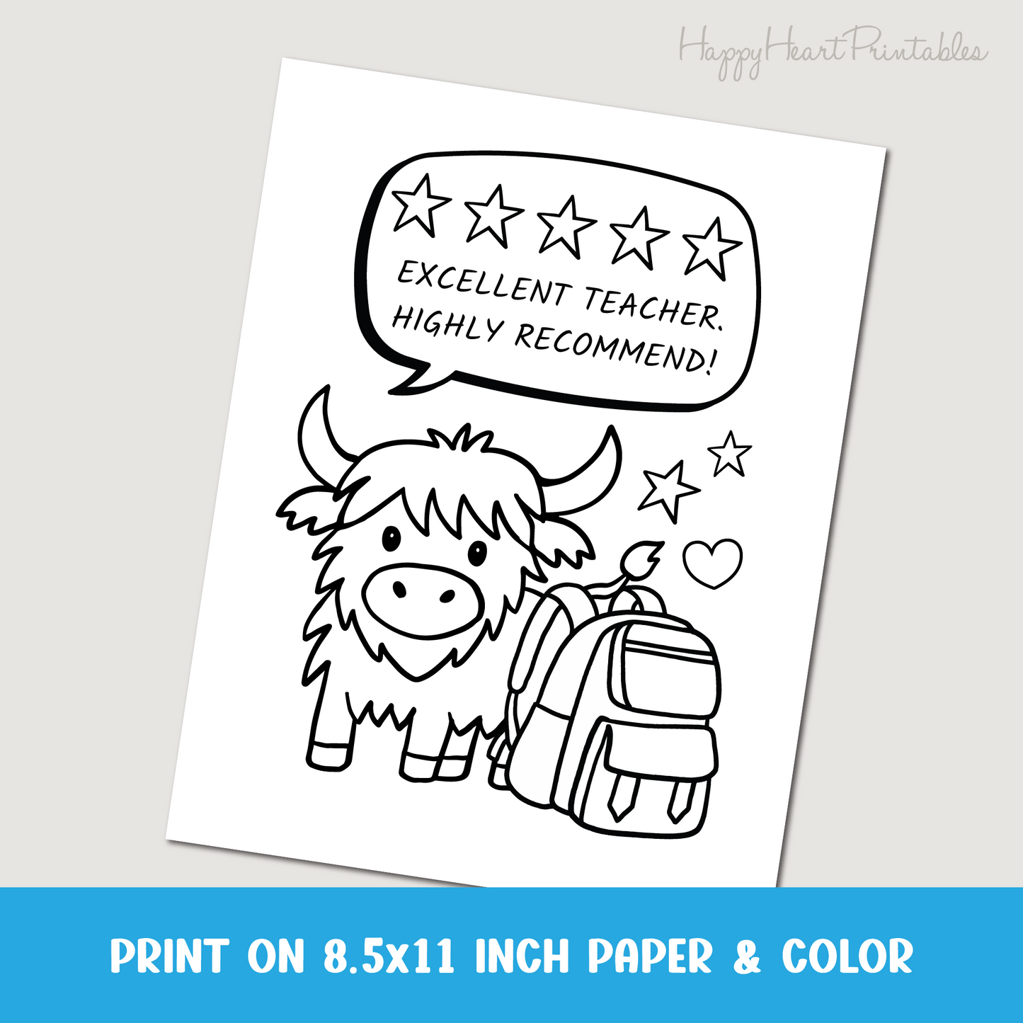 Highland Cow Teacher Appreciation Printable Coloring Sheet