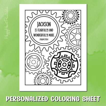 Personalized Bible Verse Coloring Sheet - Psalm 139:14 - Gears