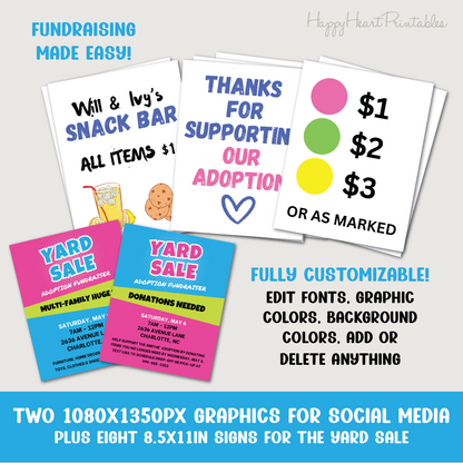 Fundraising Yard Sale Social Media Graphics and Printable Signs- Fully Customizable in Canva